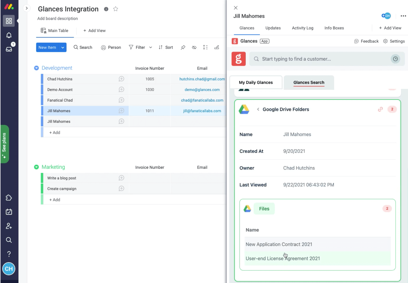 Screenshot of seeing Google Drive while logged into monday.com